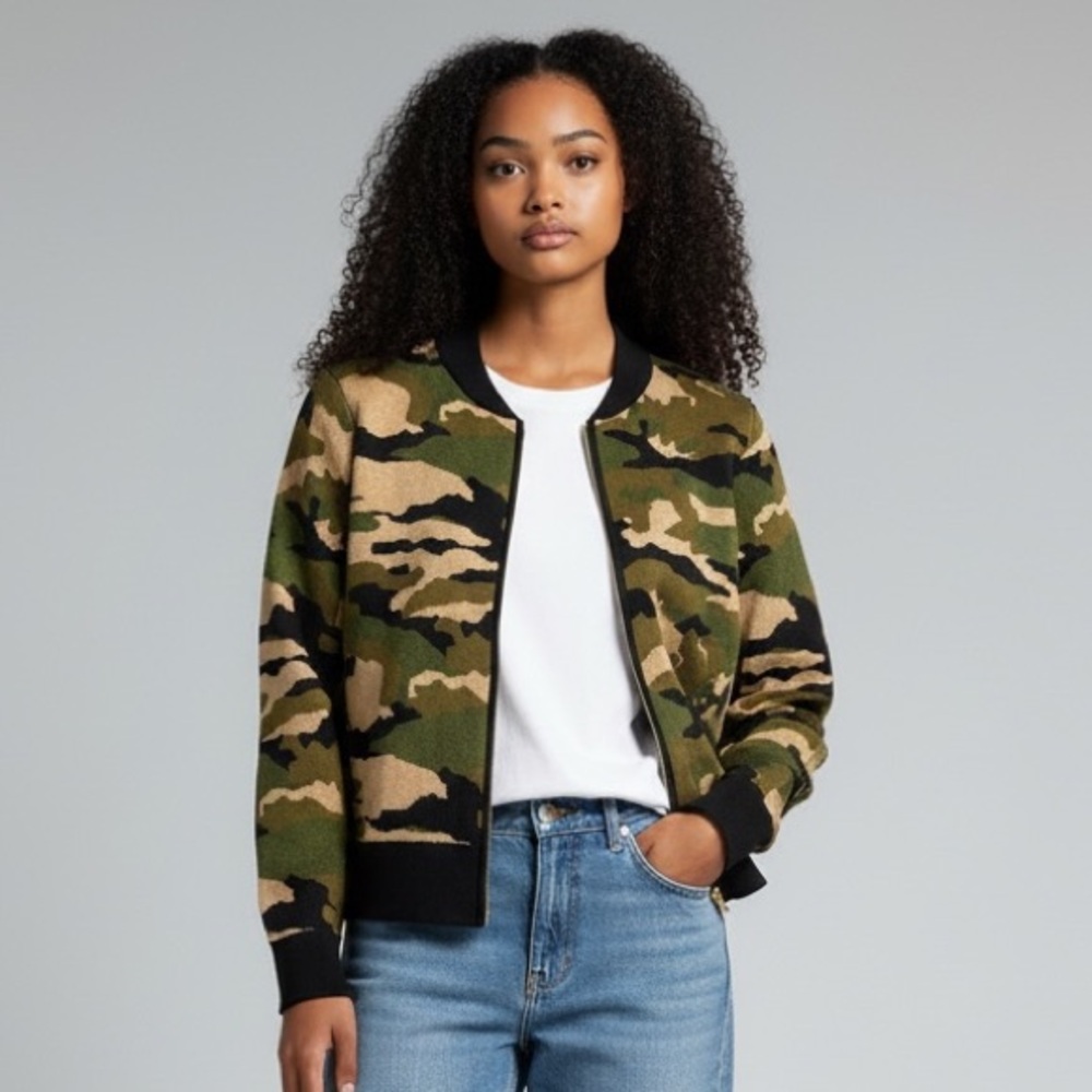 J. Crew Camouflage Bomber Knit Merino Wool Blend Jacket